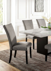 Gorgeous Marble Top Table w 6x Side Chairs Light Gray Flannelette Upholstered Chair Dining Room 7pc Set Wooden Furniture