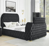 1pc Luxurious Comfort Innovative Design King Bed Deeply Tufted Headboard Upholstered Black Velvet Television Lift Built-in Electric Fireplace Bedroom Furniture