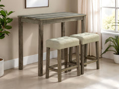 Dining Room Transitional Brown 3pc Dining Set Rubber wood Table 2x Stools Tufted Seat Beige Furniture