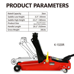 2 Ton Low Profile Floor Jack, 3t jack stand Tire Repair Kit L-Wrench Heavy Duty Steel Racing Floor Jack with Single Piston Quick Lift Pump, Floor Jack Lifting Range 3.3"-15.2"