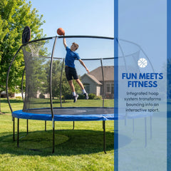 14 FT Pumpkin Trampoline, Outdoor Trampoline with Basketball Hoop, Enclosure Net and Ladder