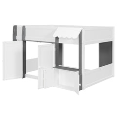 Full Loft House Bed with Playhouse & Storage, Modern Wood Cabin Bed for Kids/Teens, White+Gray
