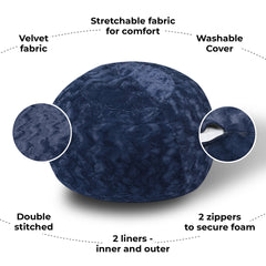 Faux Fur Bean Bag Chair, Navy-5ft Cozy and Stretchable Fabric Lounger for Children and Adults with Easy-Clean Cover, Comfortable Faux Fur Seating for Bedrooms, Filled with Shredded and Memory Foam.