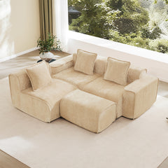 Streamlined Design Modular 3 Seat L Shape Sectional Boneless Sofa with French Edge Piping, No Assembly Required, 3-Seat Sofa Couch with Throw Pillows and 1 Movable Ottoman, Velvet Fabric Light Camel