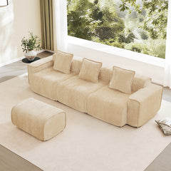 Streamlined Design Modular 3 Seat L Shape Sectional Boneless Sofa with French Edge Piping, No Assembly Required, 3-Seat Sofa Couch with Throw Pillows and 1 Movable Ottoman, Velvet Fabric Light Camel