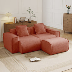 Streamlined Design Modular 2 Seat L Shape Sectional Boneless Sofa with French Edge Piping, No Assembly Required, 2-Seat Sofa Couch with Throw Pillows and 1 Movable Ottoman, Velvet Fabric Red