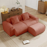 Streamlined Design Modular 2 Seat L Shape Sectional Boneless Sofa with French Edge Piping, No Assembly Required, 2-Seat Sofa Couch with Throw Pillows and 1 Movable Ottoman, Velvet Fabric Red