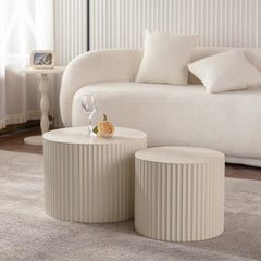 Beige Nesting Coffee Table Set of 2 Modern Drum Side Table End Table Wave Stripe Round Coffee Table for Living Room