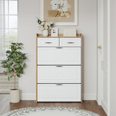 1250 White +Oak Color shoe cabinet with 3 doors 2 drawers,large space for storage