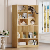 Modern 2 IN 1 Wood Bookshelf Cat House, Cat Tree Display Case with Storage, Cat Litter Box Enclosure Climbing Shelf - NATURAL