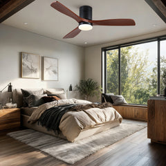 52 inch Mordern Matte Black Farmhouse Retro Solid Wood Low Profile Flush Mount Intergrated LED Ceiling Fan with Light