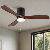 52 inch Mordern Matte Black Farmhouse Retro Solid Wood Low Profile Flush Mount Intergrated LED Ceiling Fan with Light