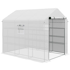 Outsunny 8' x 6' x 7' Walk-in Greenhouse with Mesh Door and Windows, 18 Shelf Green House with Trellis, Plant Labels, UV protective for Growing Flowers, Herbs, Vegetables, Saplings, White