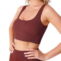 L Size Coffee Yoga Basic Ribbed Knit Crisscross Back Crop Sports Tank Top, Breathable, Removable Cups, Cute Gym Wear Seamless Sports Bra Exercise Athletic Activewear Workout