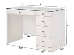 1pc Glam Makeup Vanity Table Glass Top 5 Drawers Crystal Knobs White Wooden Bedroom Furniture White