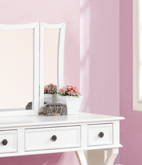Unique Modern Bedroom Vanity Set w Stool Foldable Mirror Drawers White Color MDF Veneer 1pc Vanity Furniture