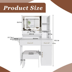 Vanity Desk with LED Mirror Lights and Power Outlet Charging Station, Makeup Dressing Table with 3 Drawers, 7 Shelves and Storage Stool, for Girls and Women (White)