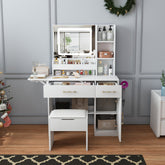 Vanity Desk with LED Mirror Lights and Power Outlet Charging Station, Makeup Dressing Table with 3 Drawers, 7 Shelves and Storage Stool, for Girls and Women (White)
