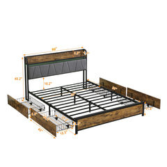 Queen Size Bed Frame, Storage Headboard with Charging Station and 4 Storage Drawers,LED Lights , Brown and Gray