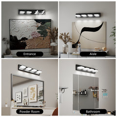 LED Modern Bathroom Vanity Light Fixtures (4-Light, 25-Inch), Matte Black Modern Acrylic Bathroom Wall Lighting Fixtures Over Mirror (Cool White 6000K)