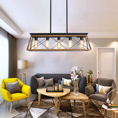 32" Walnut Industrial 5-Light Pendant Chandelier, Modern Metal Cage Design, Adjustable Hanging Light for Dining Room, Kitchen, Living Room (No Bulbs)