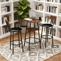 3 Pieces Round Bar Table and Chairs Set, Small Dining Table for 2 with 2-Tier Storage & 2 PU Upholstered Bar Stools for Kitchen, Dining Room, Living Room, Bar, Cafe, Small Space Corner, Rustic Brown