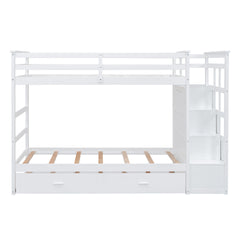Twin Over Twin Bunk Bed with Trundle and Staircase,White