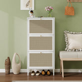 Rattan 3 Door Shoe Rack, Freestanding Modern Shoe Storage Cabinet, for Entryway