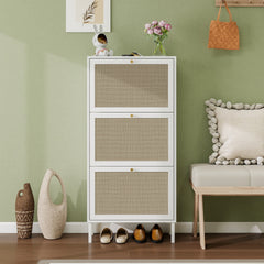 Rattan 3 Door Shoe Rack, Freestanding Modern Shoe Storage Cabinet, for Entryway