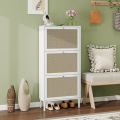 Rattan 3 Door Shoe Rack, Freestanding Modern Shoe Storage Cabinet, for Entryway