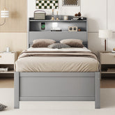 Twin Size Wooden LED Platform Bed with Trundle, with Storage Headboard, with Drawers, Gray