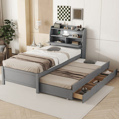 Twin Size Wooden LED Platform Bed with Trundle, with Storage Headboard, with Drawers, Gray