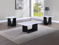3pc Modern Cocktail Set Coffee Table End Table Luxurious Faux Marble Top Angular Black Base Wooden Living Room Furniture White