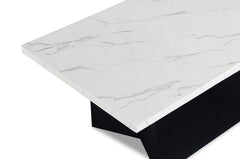 3pc Modern Cocktail Set Coffee Table End Table Luxurious Faux Marble Top Angular Black Base Wooden Living Room Furniture White