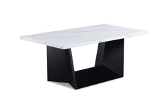 3pc Modern Cocktail Set Coffee Table End Table Luxurious Faux Marble Top Angular Black Base Wooden Living Room Furniture White