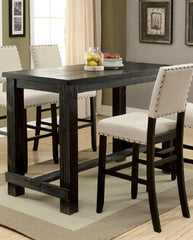 Antique Black Wooden 5pc Counter Height Dining Bar Set Table And 4x Chairs Ivory Linen Like Fabric Cushions Nailhead Trim Bar Chairs