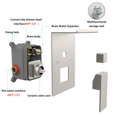 Rainfall Shower System With Storage Rack 10 inch Shower Faucet Set Brushed Nickel with High Pressure with Square Shower Head Luxury Shower Set Wall Mount