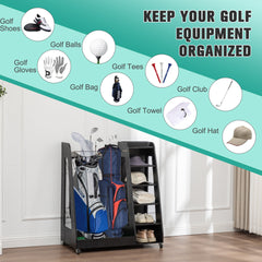 Golf Bag Organizer for Garage, Premium Wooden Golf Clubs Storage Rack Fit 2 Golf Bags, Golf Trunk Organizer for Car Garage Club Shed Basement,Black