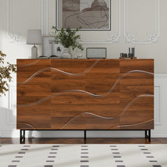 Modern Art Solid Wood Sideboard,59*16*35inch, Wave Relief Design, Walnut Texture, Iron Legs, Living Room Storage Cabinet
