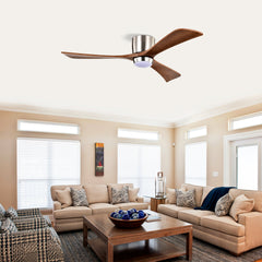 52" Flush Mount Solid Wood Blades Ceiling Fan with Lights Remote Control,Quiet DC Motor, 6 Speed ,Reversible Ceiling Fan for Patio Living Room, Bedroom, Office,Indoor.(Stain Nickel )