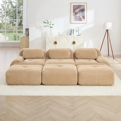 Three-seat modular sofa with 3 Ottomans corduroy fabric no assembly pet-friendly ultra-wide curved armrests 32D high-resilience sponge living rooms media rooms,Camel