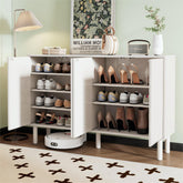 ON-TREND Minimalist Shoe Cabinet with 5 Solid Wood Legs, Cream Style Sideboard Buffet Cabinet with Fluted Doors, Large 4-Door Storage Cabinet with Adjustable Shelves for Living Room, White, 55.1*13.7"