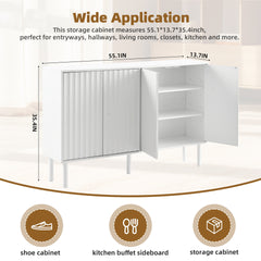 ON-TREND Minimalist Shoe Cabinet with 5 Solid Wood Legs, Cream Style Sideboard Buffet Cabinet with Fluted Doors, Large 4-Door Storage Cabinet with Adjustable Shelves for Living Room, White, 55.1*13.7"