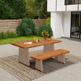 Outdoor Acacia Wood Dining Table Set with 1 Table and 1 Bench,Brown