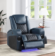 Alair Blue & Black Leather Aire Power Motion Recliner W/Bluetooth, Wireless Charger & Cupholder