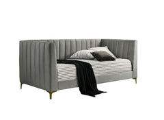 Contemporary Style Tuxedo Inspired Seating Daybed Attached Gold Metal Legs Channel Tufting Light Gray Finish