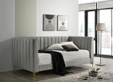 Contemporary Style Tuxedo Inspired Seating Daybed Attached Gold Metal Legs Channel Tufting Light Gray Finish