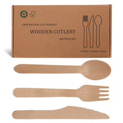 Wooden Compostable Utensils Set - 300 Pieces (100 Forks 100 Spoons 100 Knives) Sturdy Wood Disposable Cutlery - Eco-Friendly Biodegradable Utensils for Party - Free From Plastic Cutlery Set for Eating