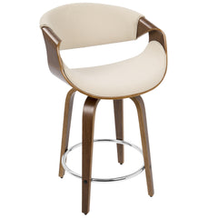 Curvini Mid-Century Modern Counter Stool in Walnut Wood and Cream Fabric by LumiSource - Set of 2