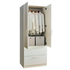 Emma Two-Door Wood Closet with Two Drawers and Hanging Bars in White